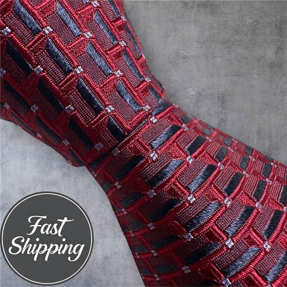 ROBERT TALBOTT  Tie Geometric 100% Silk Necktie Red/Navy - Picture 1 of 7
